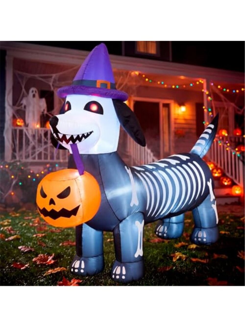 JOYIN 5.7FT Long Halloween Inflatable Skeleton Puppy Pumpkin Decoration with